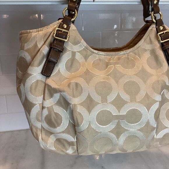 COACH Bag Purse Handbag Madison Abigail Op Art Lurex Gold & Leather Lg. Satchel - Picture 4 of 15